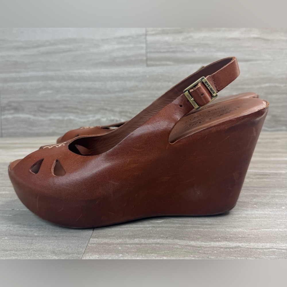 Kork-Ease Brown Leather Peep-Toe Wedge Slingbacks - Picture 10 of 11